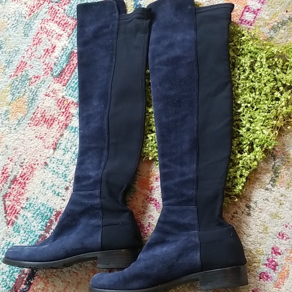 STUART WEITZMAN 50/50 Navy BLUE Suede Black Stretch Back Comfy Iconic OTK BOOT 7 - Picture 15 of 16
